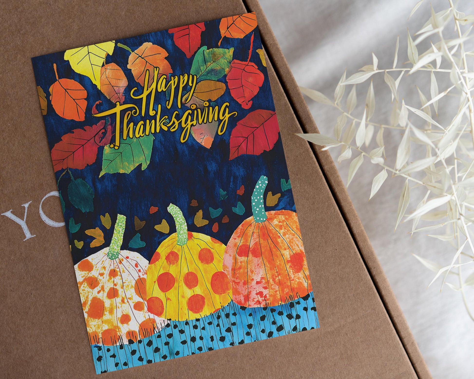 Thanksgiving Digital Card | George Miller Art | Fall Leaves & Pumpkins | Instant Download