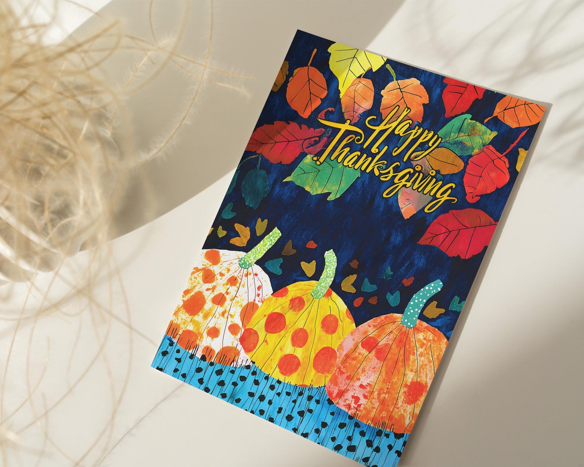 Thanksgiving Digital Card | George Miller Art | Fall Leaves & Pumpkins | Instant Download