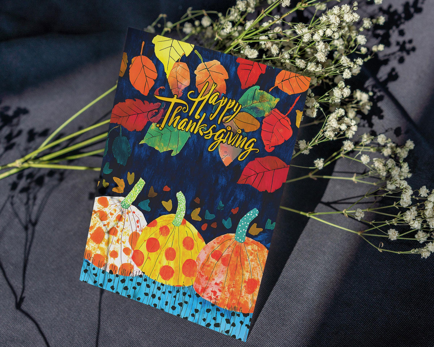 Thanksgiving Digital Card | George Miller Art | Fall Leaves & Pumpkins | Instant Download