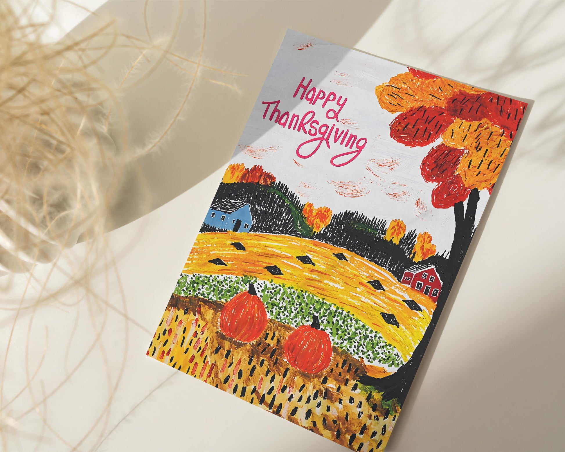 Thanksgiving Digital Card - Folk Art Autumn Landscape - Instant Download