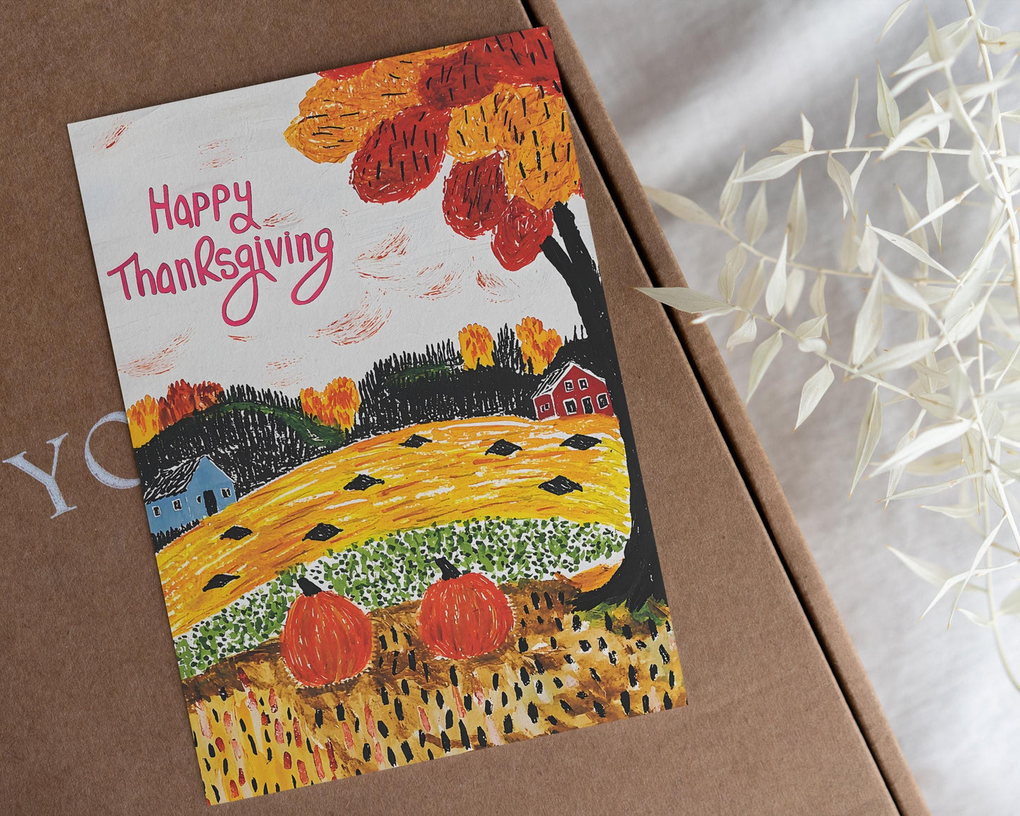 Thanksgiving Digital Card - Folk Art Autumn Landscape - Instant Download