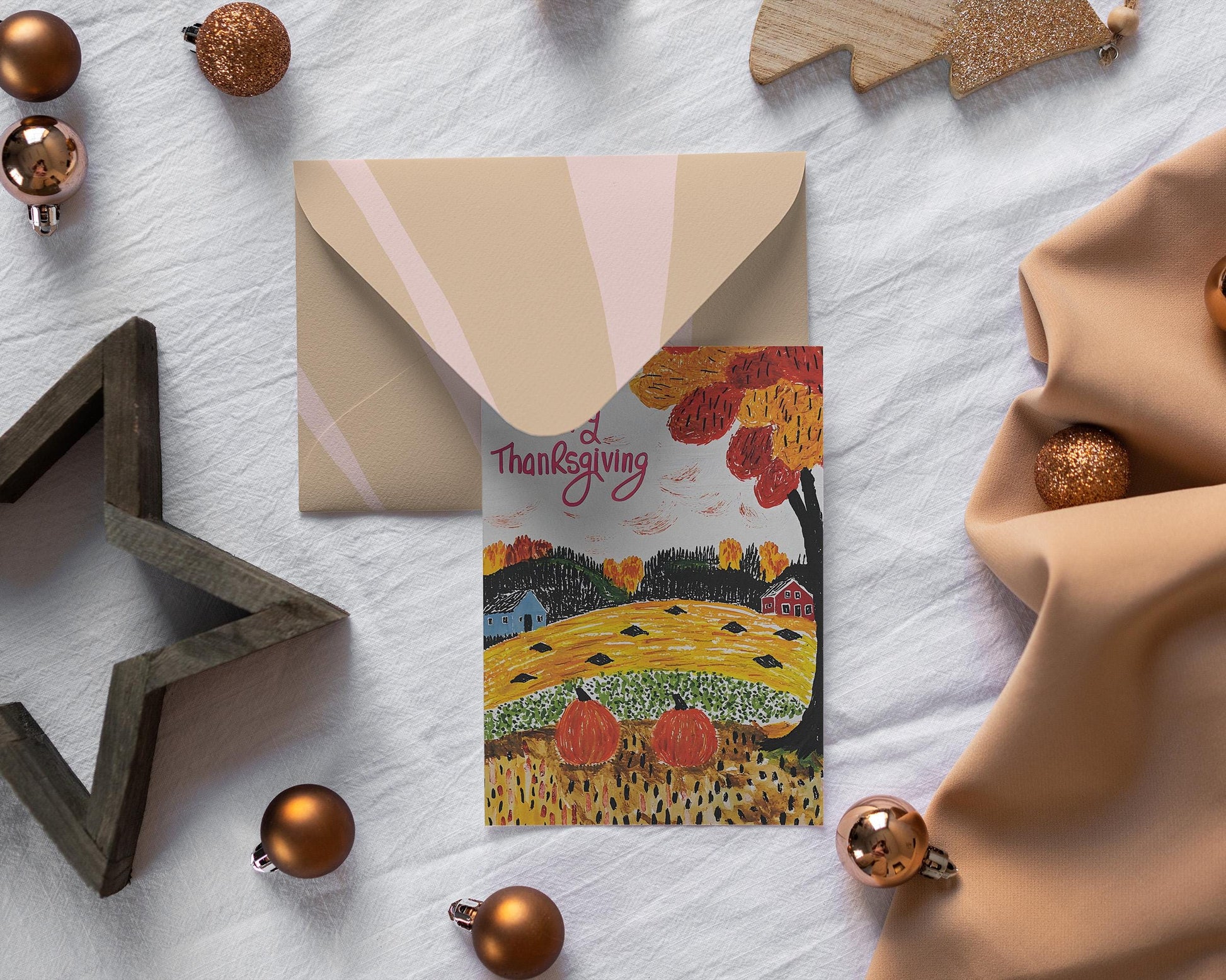 Thanksgiving Digital Card - Folk Art Autumn Landscape - Instant Download