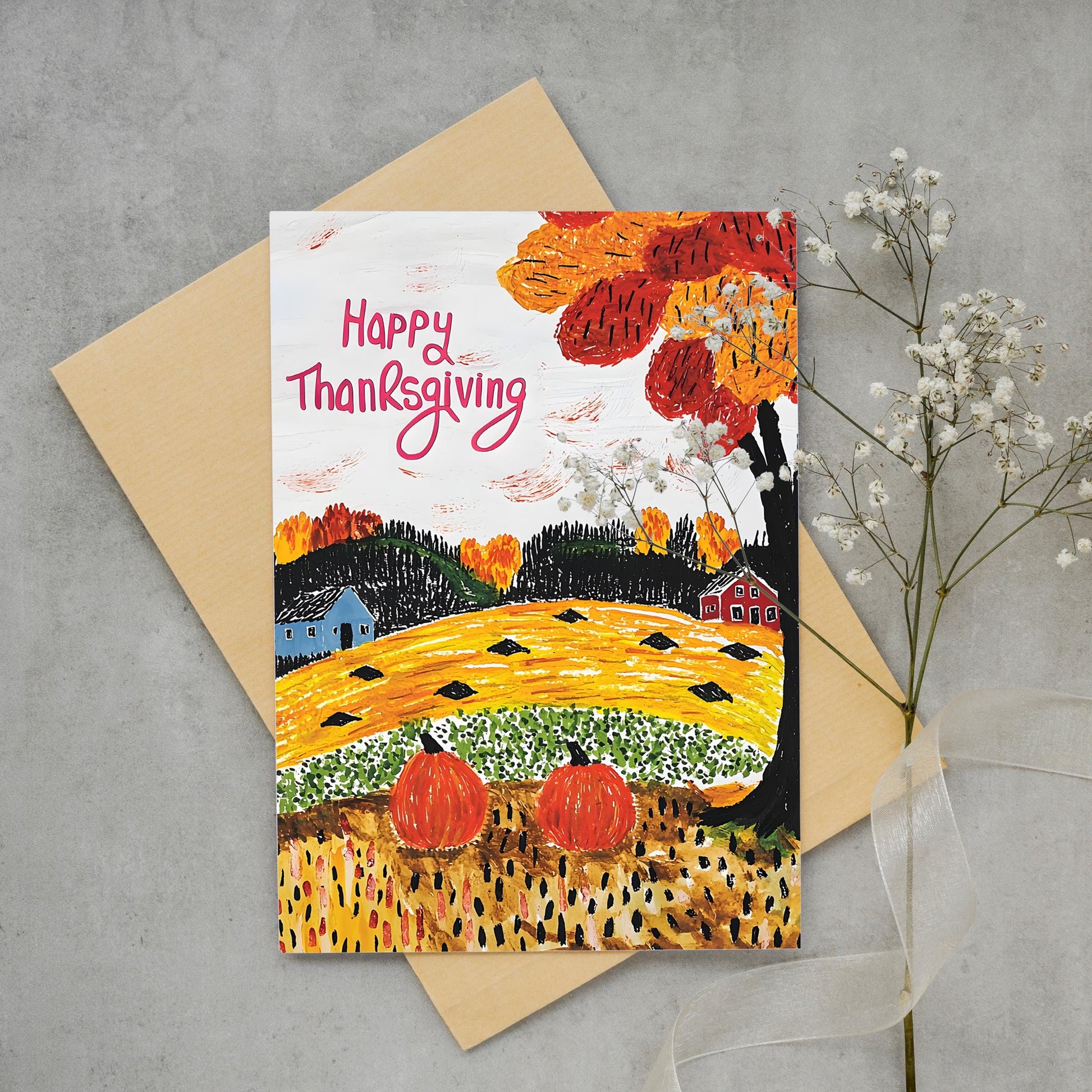 Thanksgiving Digital Card - Folk Art Autumn Landscape - Instant Download