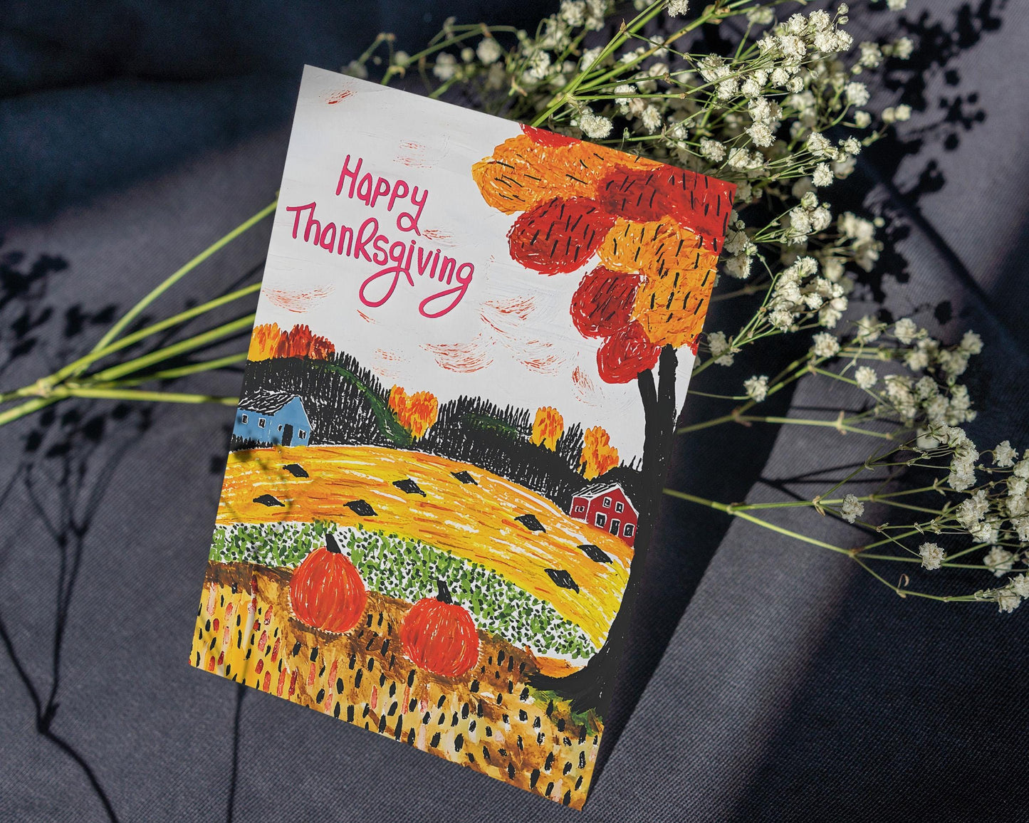 Thanksgiving Digital Card - Folk Art Autumn Landscape - Instant Download