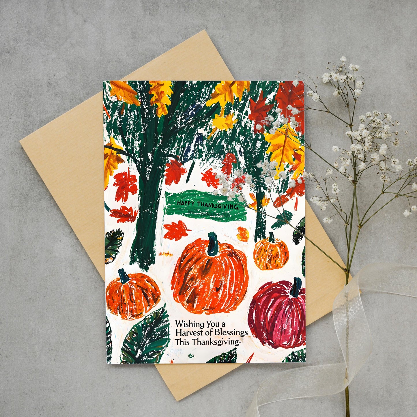 Thanksgiving Digital Card - Autumn Pumpkins and Falling Leaves - Printable Harvest Blessing Art