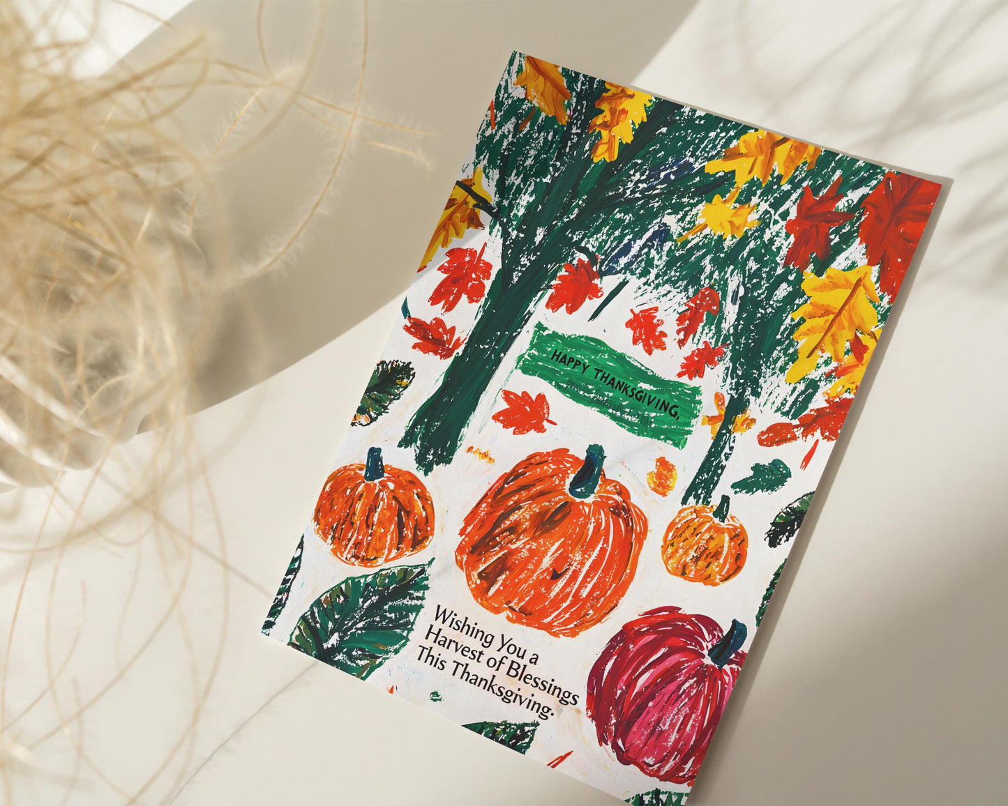 Thanksgiving Digital Card - Autumn Pumpkins and Falling Leaves - Printable Harvest Blessing Art