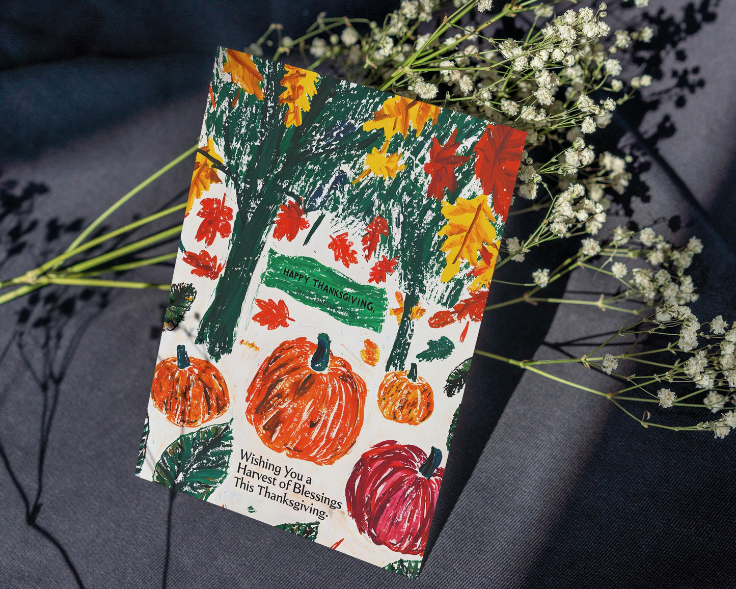 Thanksgiving Digital Card - Autumn Pumpkins and Falling Leaves - Printable Harvest Blessing Art