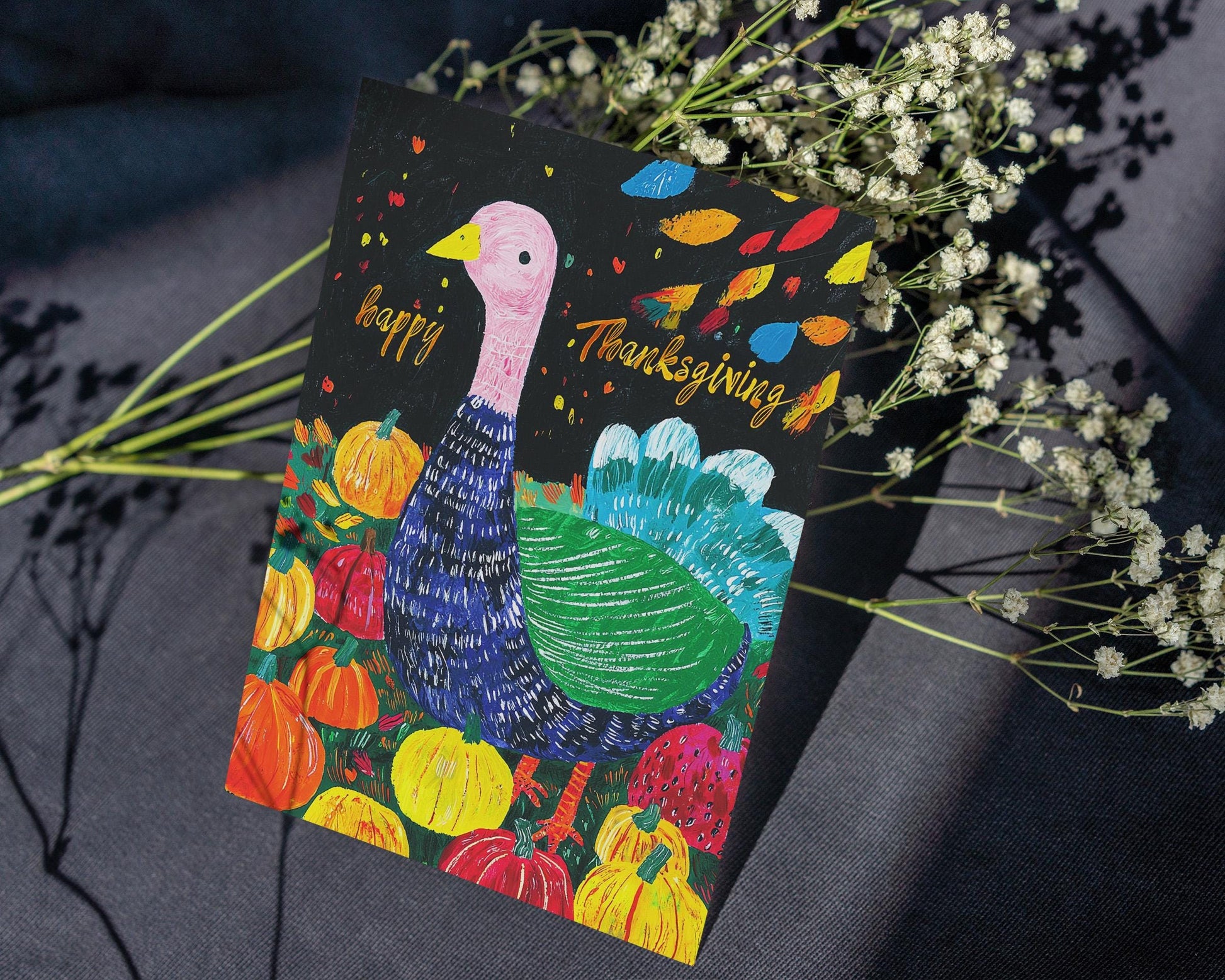 Artistic Fall Turkey Card - Printable Thanksgiving Download - Colorful Pumpkin & Turkey Digital Card - Unique Thanksgiving