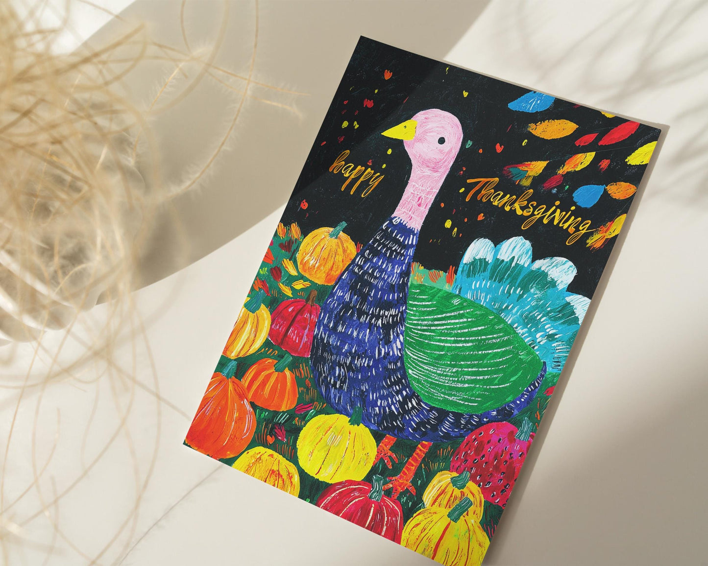 Artistic Fall Turkey Card - Printable Thanksgiving Download - Colorful Pumpkin & Turkey Digital Card - Unique Thanksgiving