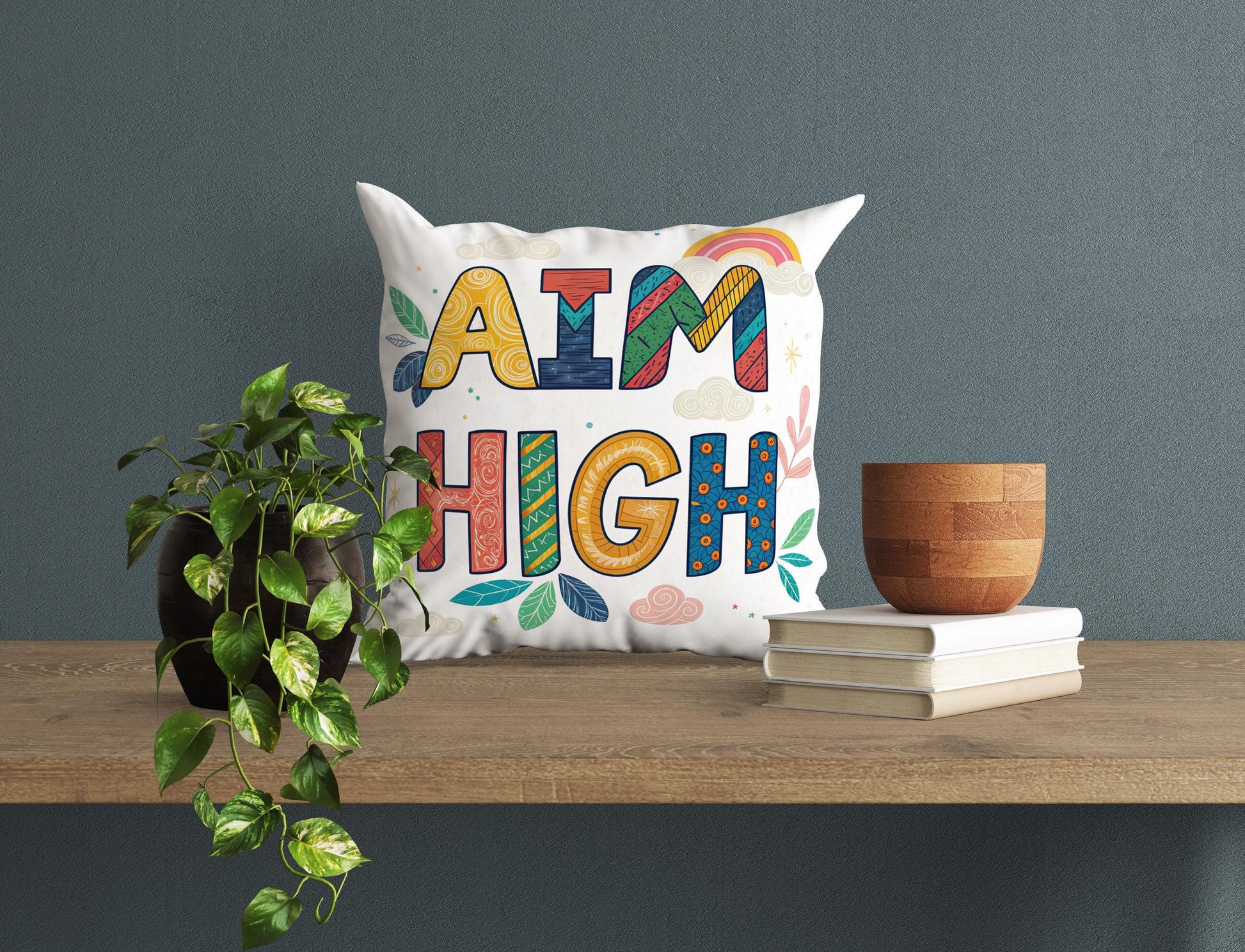 Aim High Inspirational Pillow | George Miller Art | Colorful Typography Cushion | Motivational Home Decor Gift