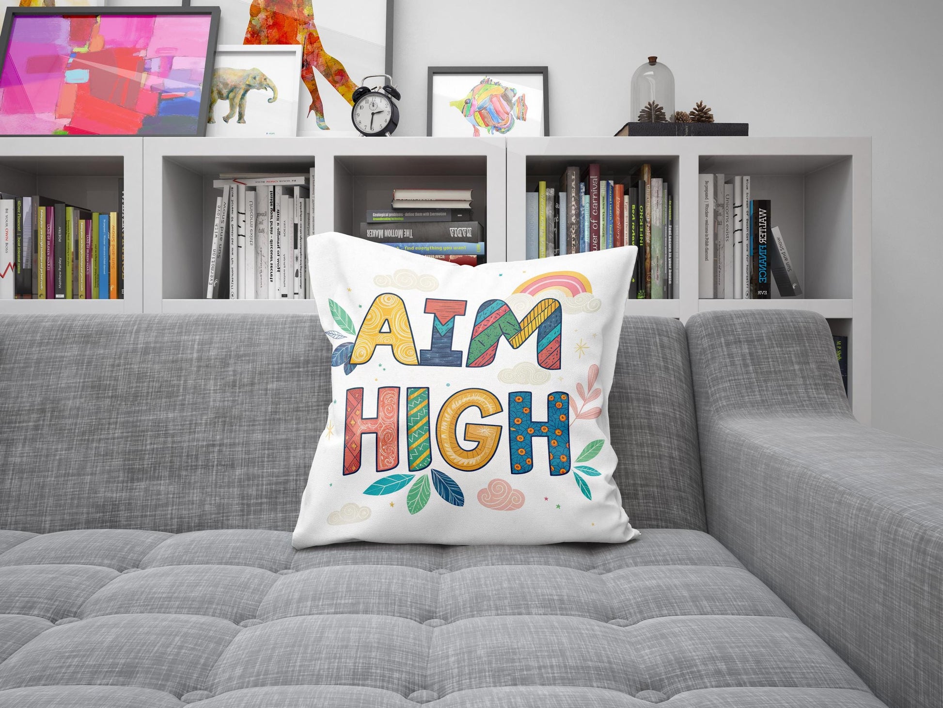 Aim High Inspirational Pillow | George Miller Art | Colorful Typography Cushion | Motivational Home Decor Gift