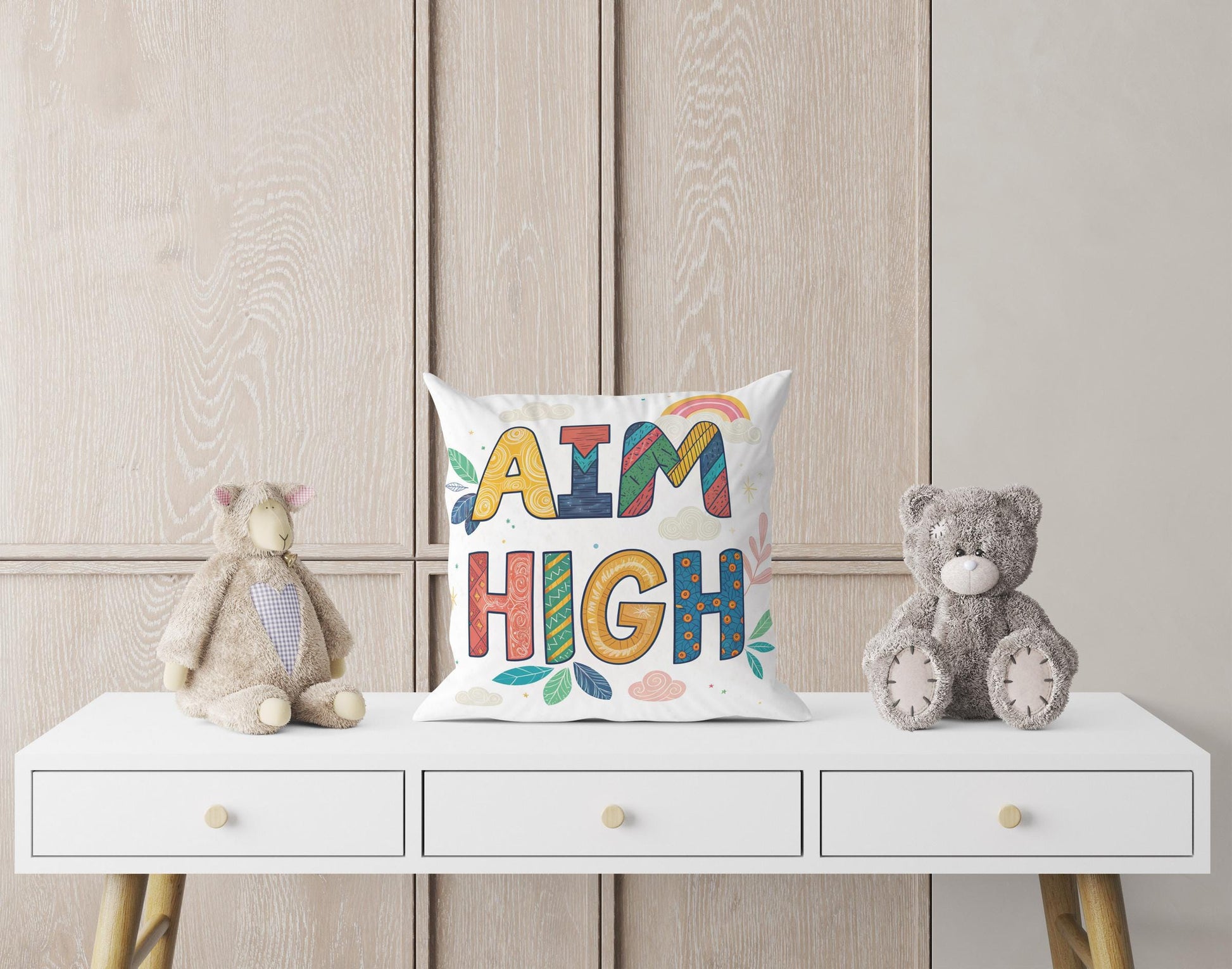 Aim High Inspirational Pillow | George Miller Art | Colorful Typography Cushion | Motivational Home Decor Gift