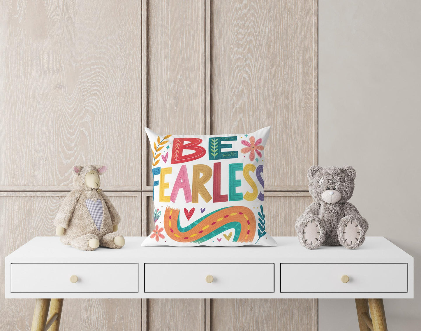 Be Fearless Inspirational Pillow | George Miller Art | Colorful Typography Cushion | Motivational Decor