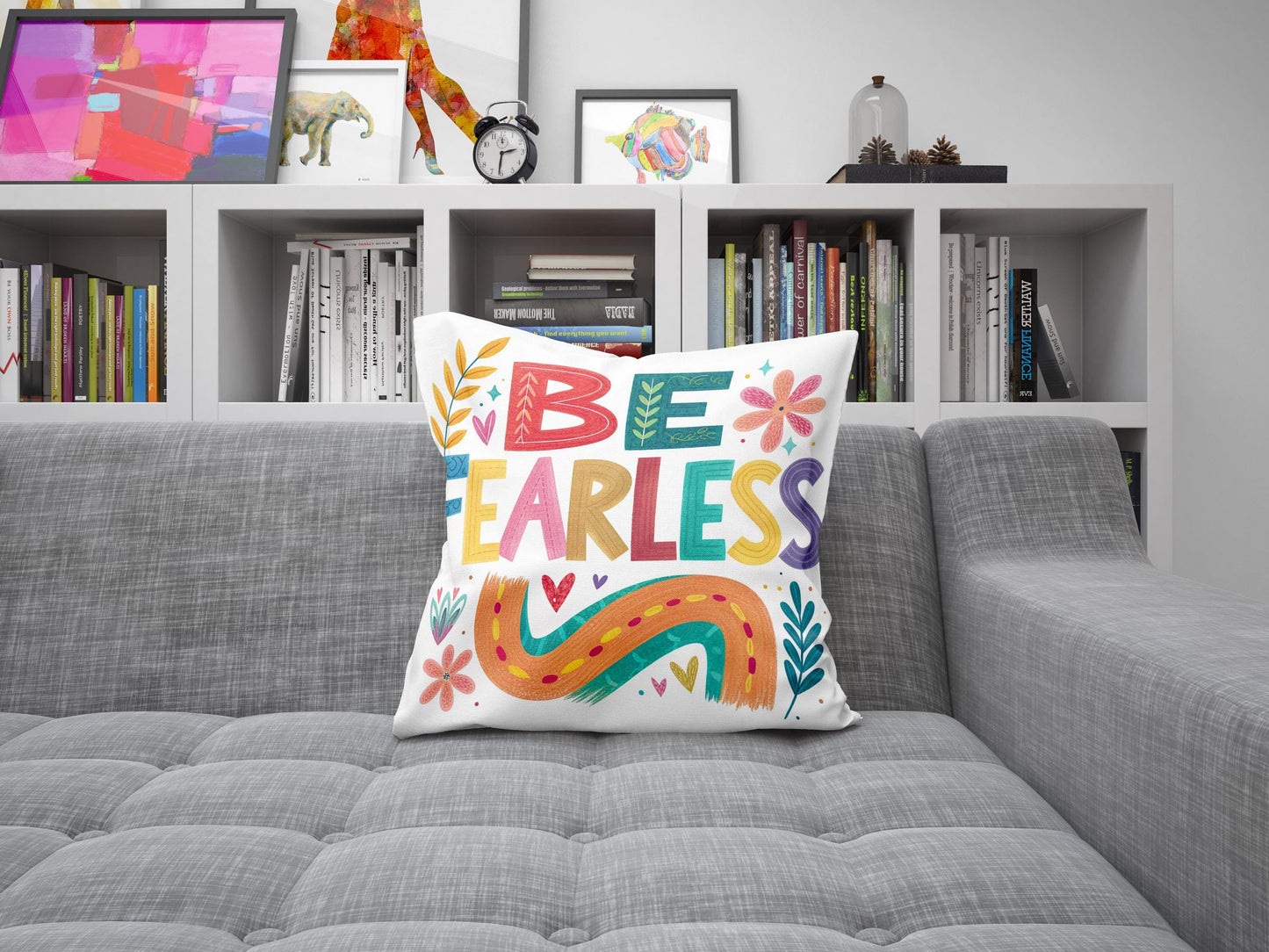 Be Fearless Inspirational Pillow | George Miller Art | Colorful Typography Cushion | Motivational Decor