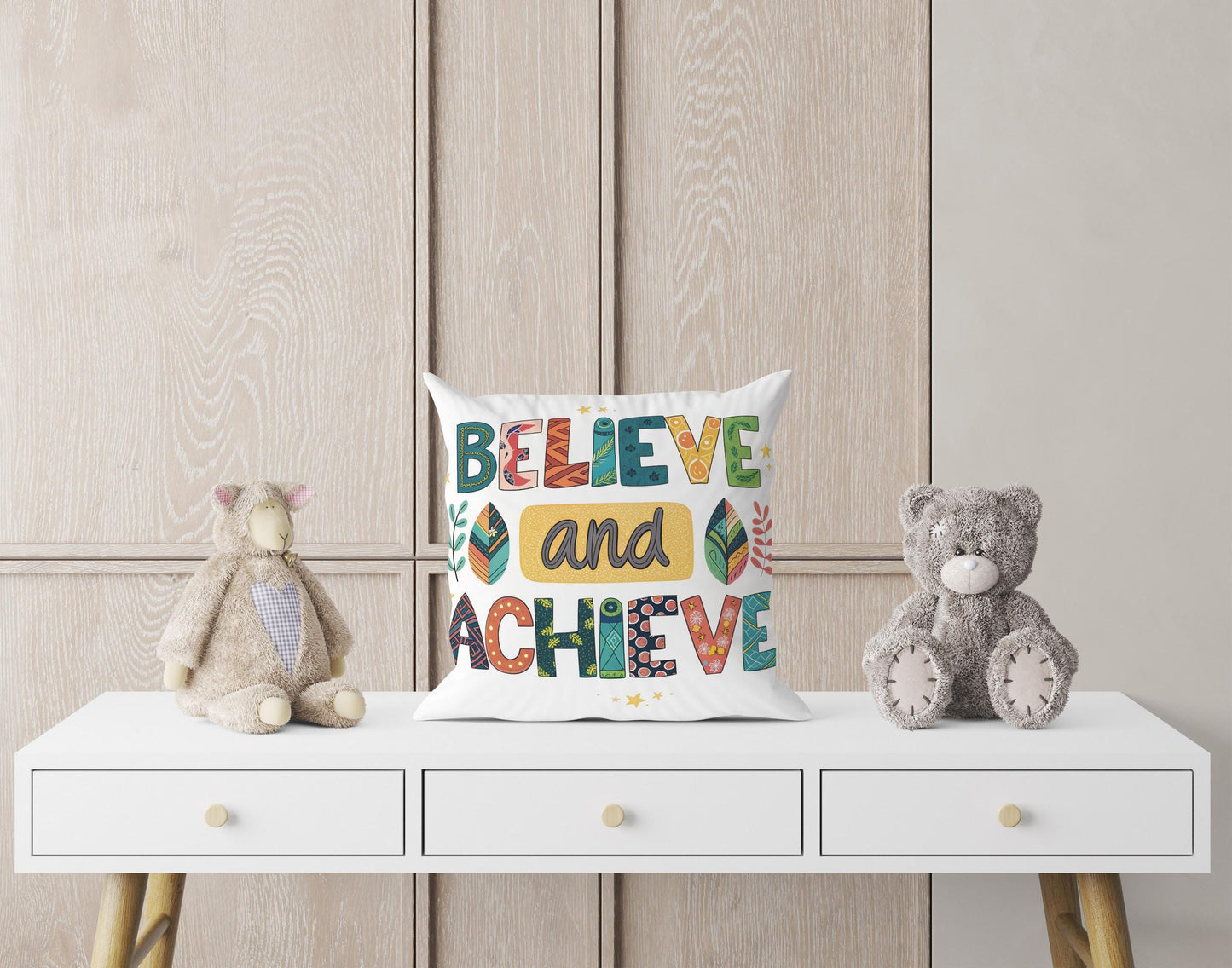 Believe and Achieve Pillow | George Miller Art | Colorful Inspirational Cushion | Motivational Decor