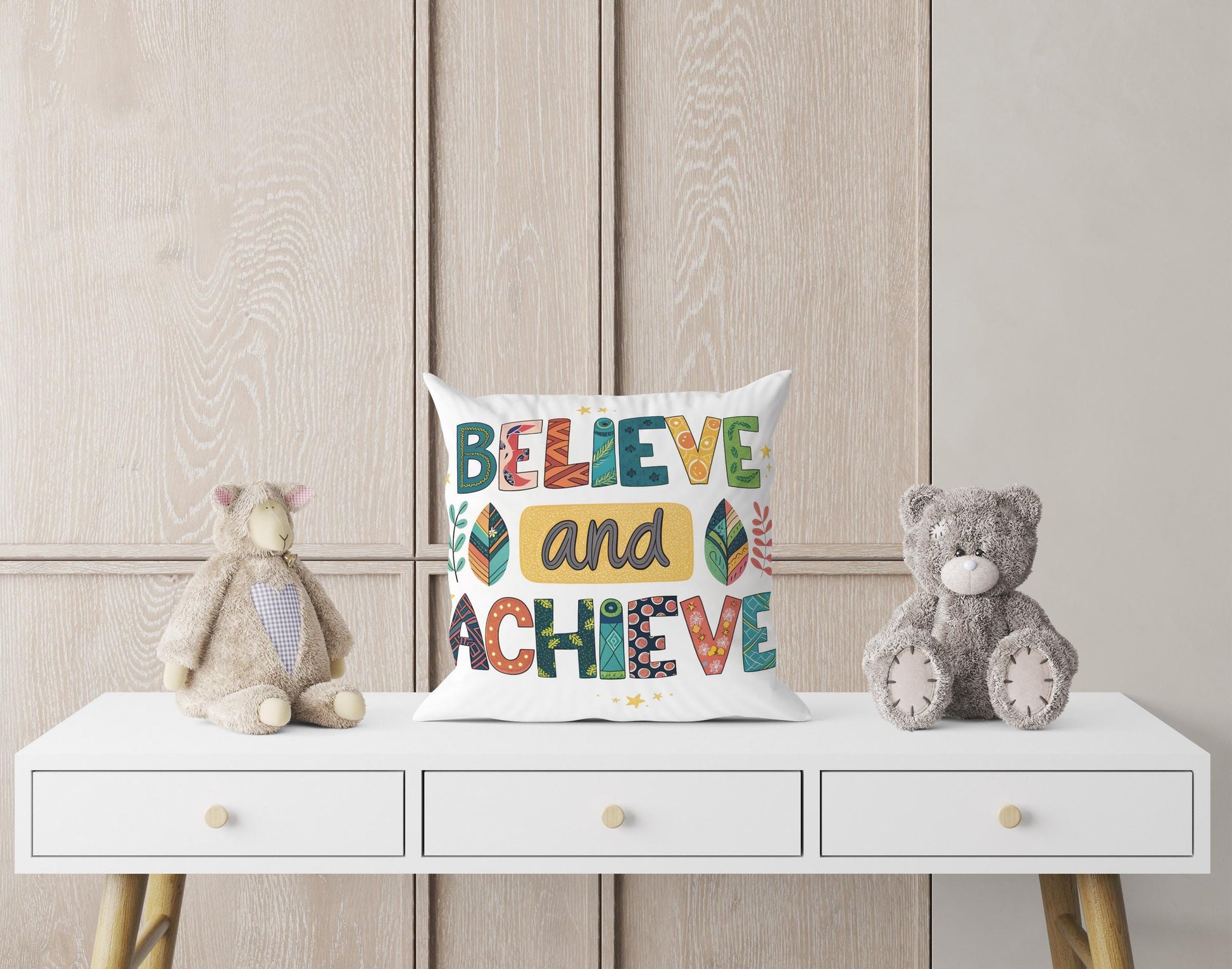 Believe and Achieve Pillow | George Miller Art | Colorful Inspirational Cushion | Motivational Decor