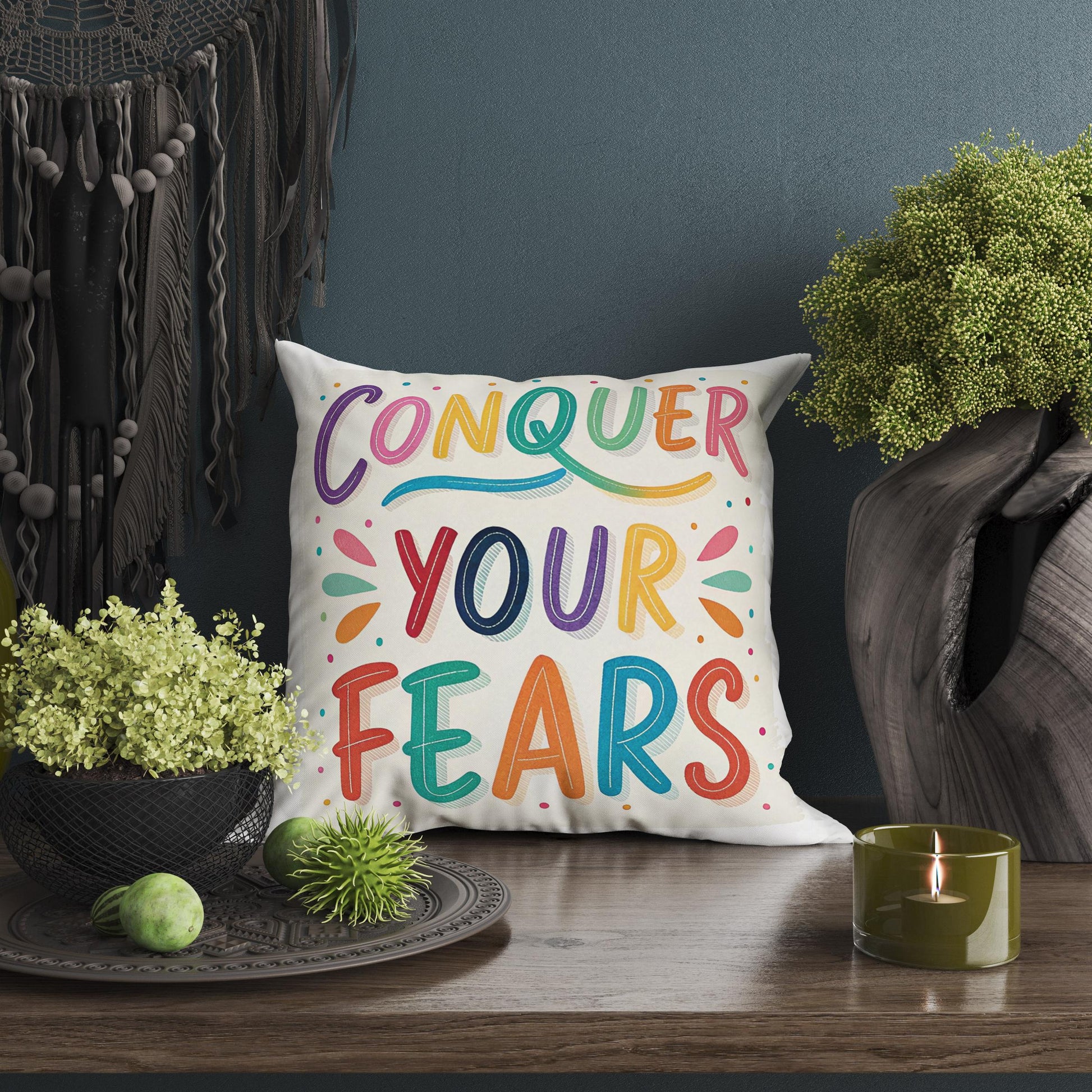 Motivational Conquer Fears | George Miller Art | Colorful Typography Cushion | Inspirational Gift