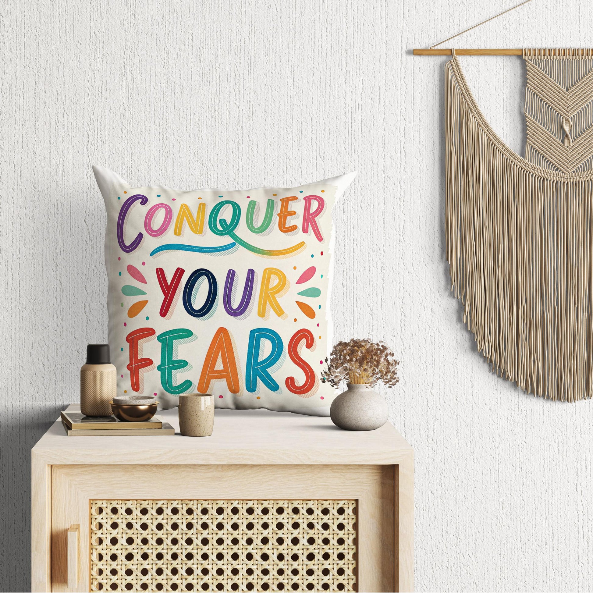 Motivational Conquer Fears | George Miller Art | Colorful Typography Cushion | Inspirational Gift