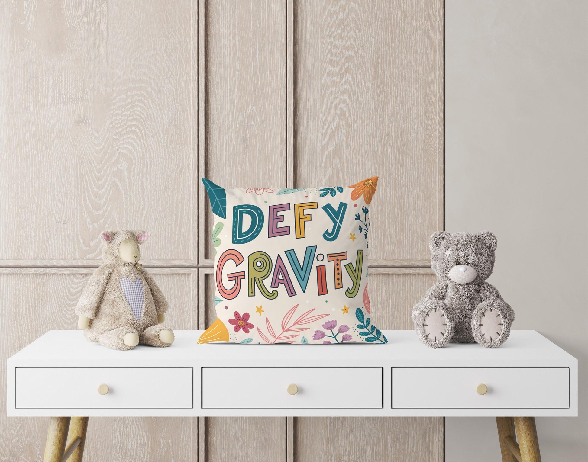 George Miller Inspirational | Defy Gravity Typography Pillow | Colorful Motivational Home Accent