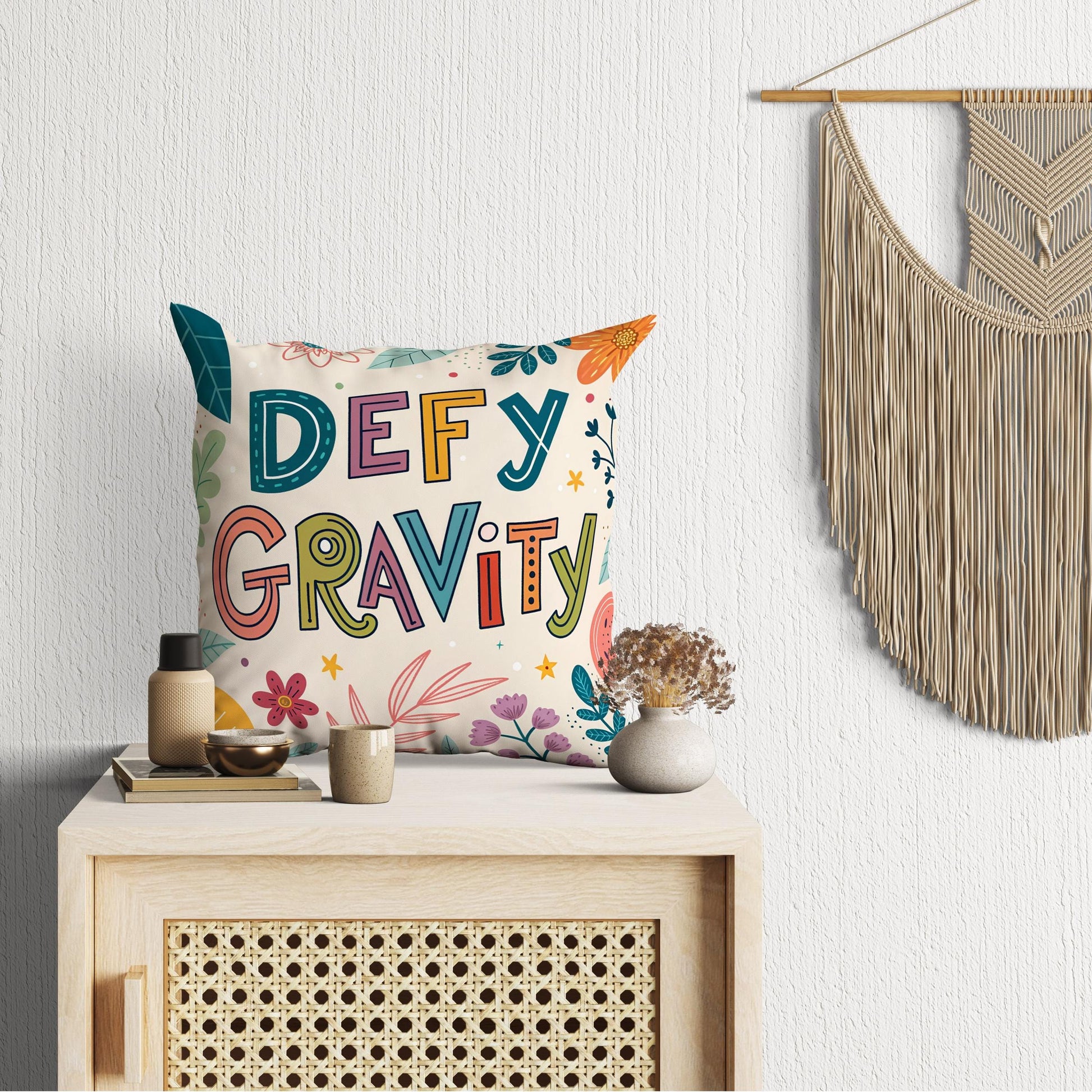 George Miller Inspirational | Defy Gravity Typography Pillow | Colorful Motivational Home Accent