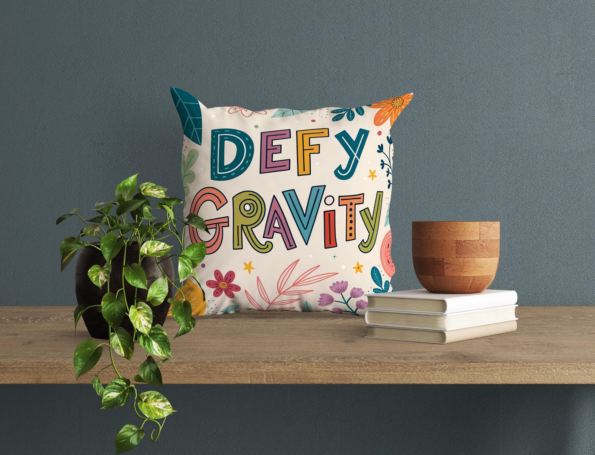 George Miller Inspirational | Defy Gravity Typography Pillow | Colorful Motivational Home Accent