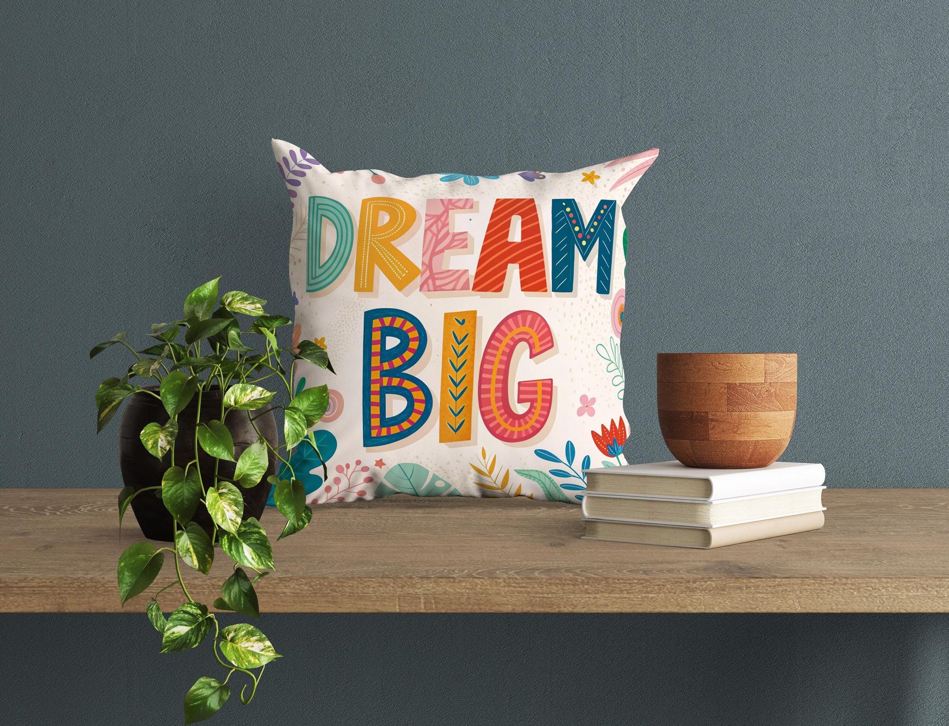 Whimsical Floral Pillow | Dream Big Design | Inspirational Throw Cushion | Folk Art Home Decor