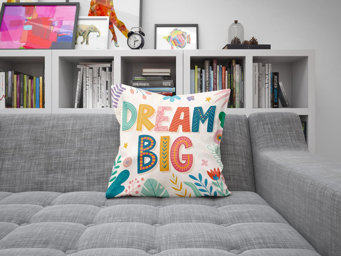 Whimsical Floral Pillow | Dream Big Design | Inspirational Throw Cushion | Folk Art Home Decor