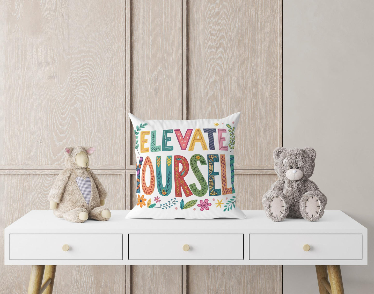 Motivational Word Art | Elevate Yourself | George Miller Typography | Colorful Inspirational Pillow