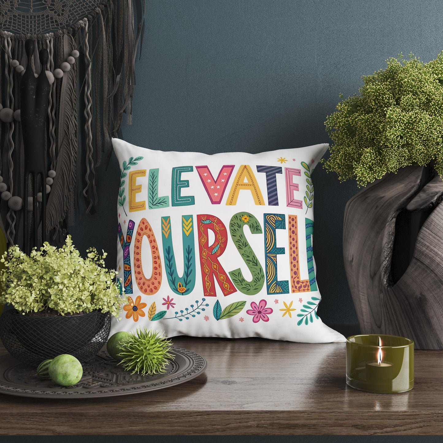 Motivational Word Art | Elevate Yourself | George Miller Typography | Colorful Inspirational Pillow