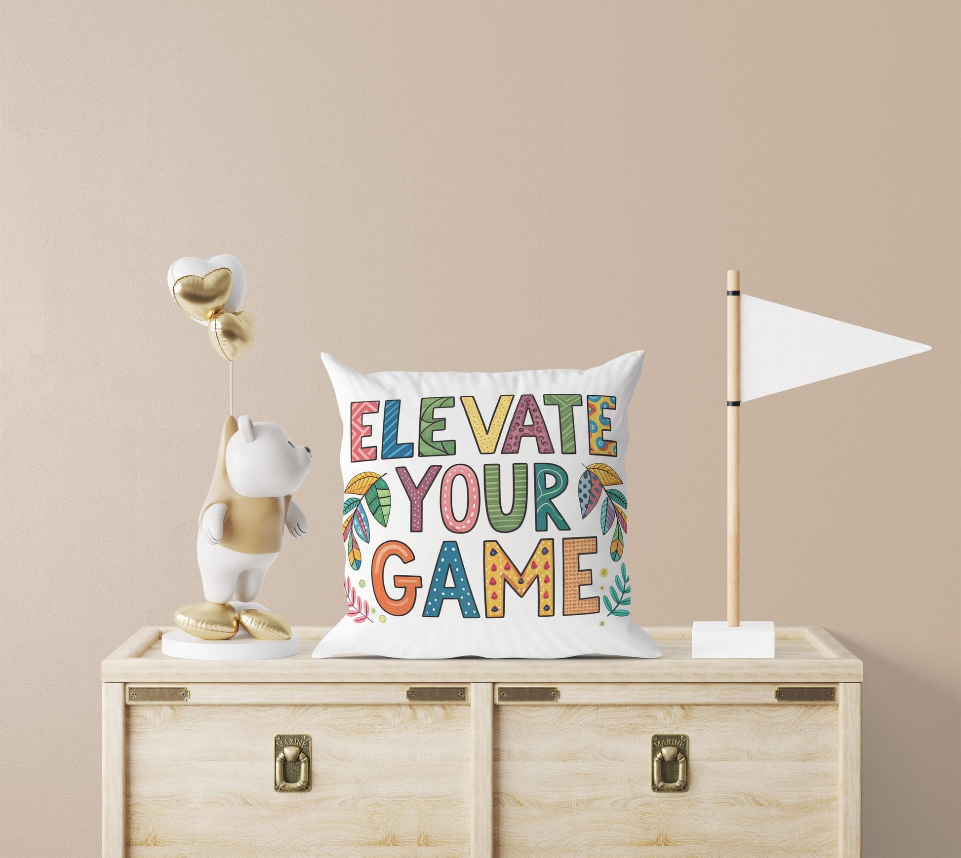 Empowering Pillow Cover | Elevate Your Game | George Miller Art | Whimsical Leaf Motivational Gift