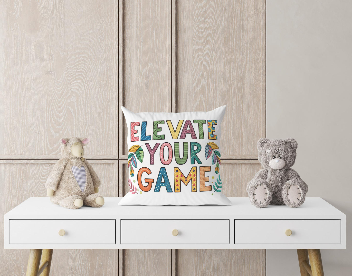 Empowering Pillow Cover | Elevate Your Game | George Miller Art | Whimsical Leaf Motivational Gift