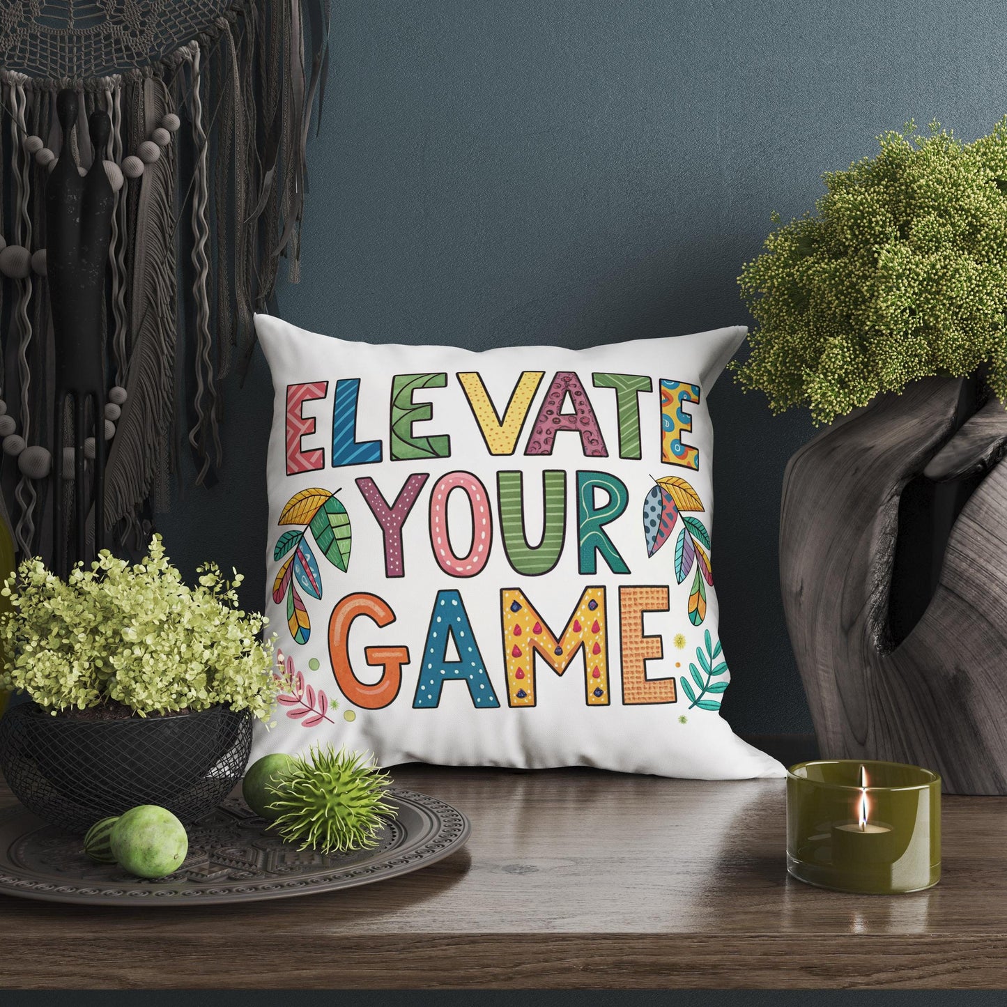 Empowering Pillow Cover | Elevate Your Game | George Miller Art | Whimsical Leaf Motivational Gift