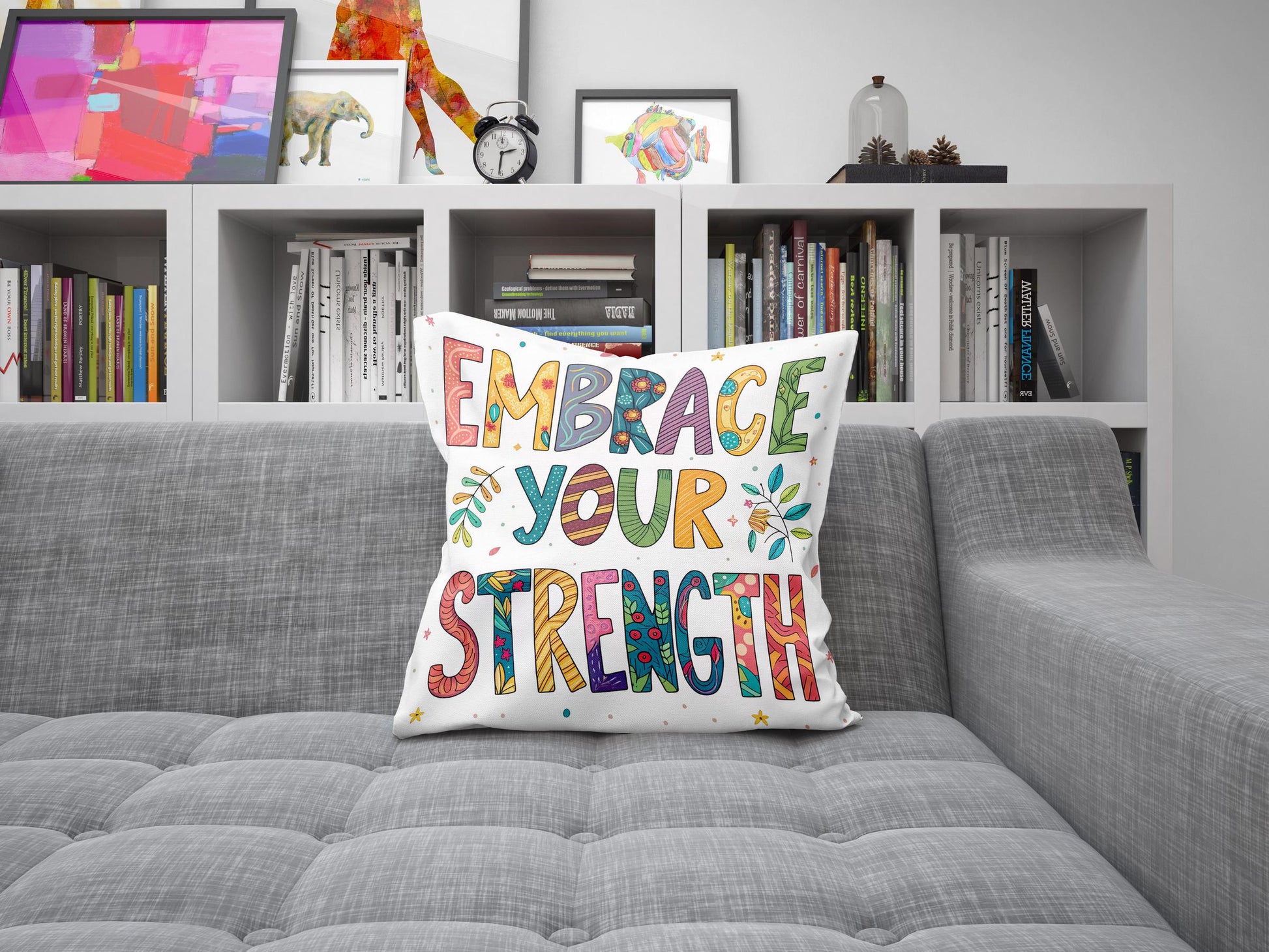 Embrace Your Strength Pillow | George Miller Art | Whimsical Inspirational Cushion | Motivational Decor