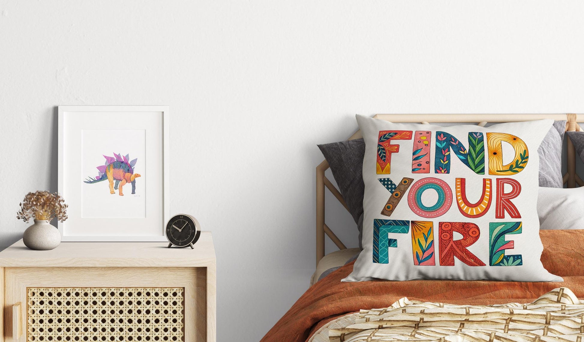 Find Your Fire Inspirational Pillow | Colorful Typography Boho Home Decor | Motivational Gift