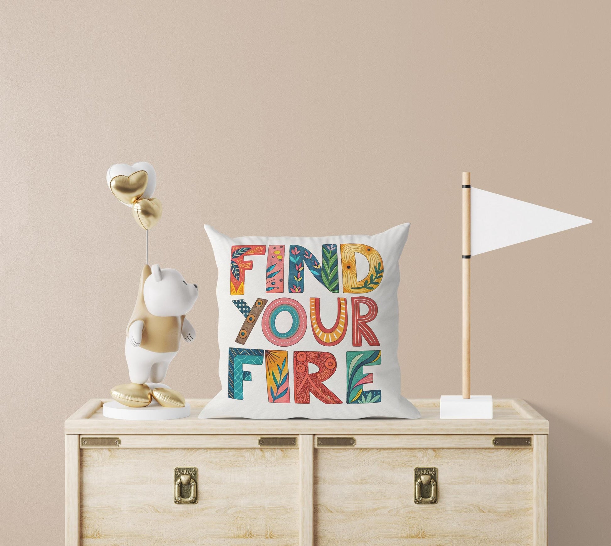 Find Your Fire Inspirational Pillow | Colorful Typography Boho Home Decor | Motivational Gift