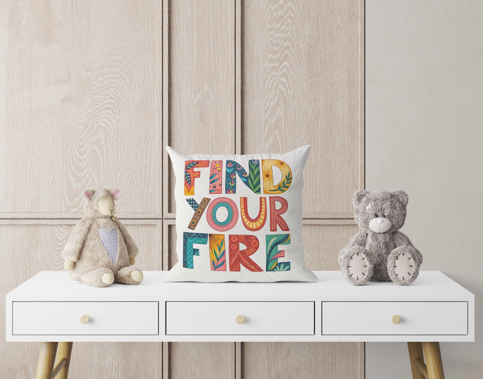 Find Your Fire Inspirational Pillow | Colorful Typography Boho Home Decor | Motivational Gift