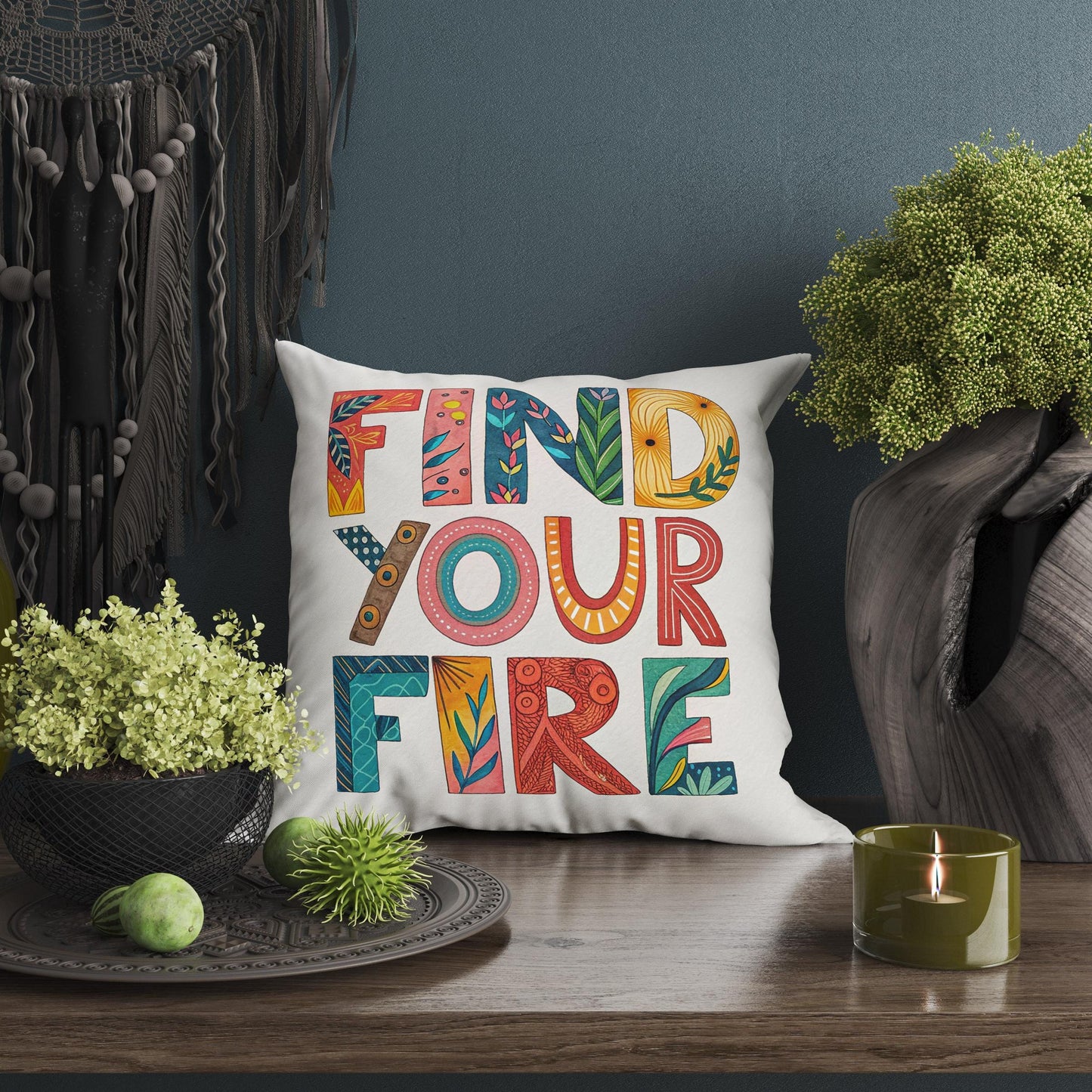 Find Your Fire Inspirational Pillow | Colorful Typography Boho Home Decor | Motivational Gift