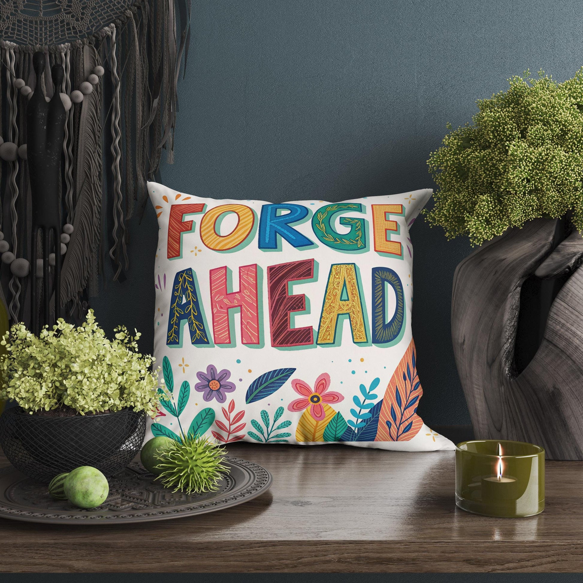 Forge Ahead Motivational Pillow | Colorful Typography Boho Home Decor | Inspirational Gift