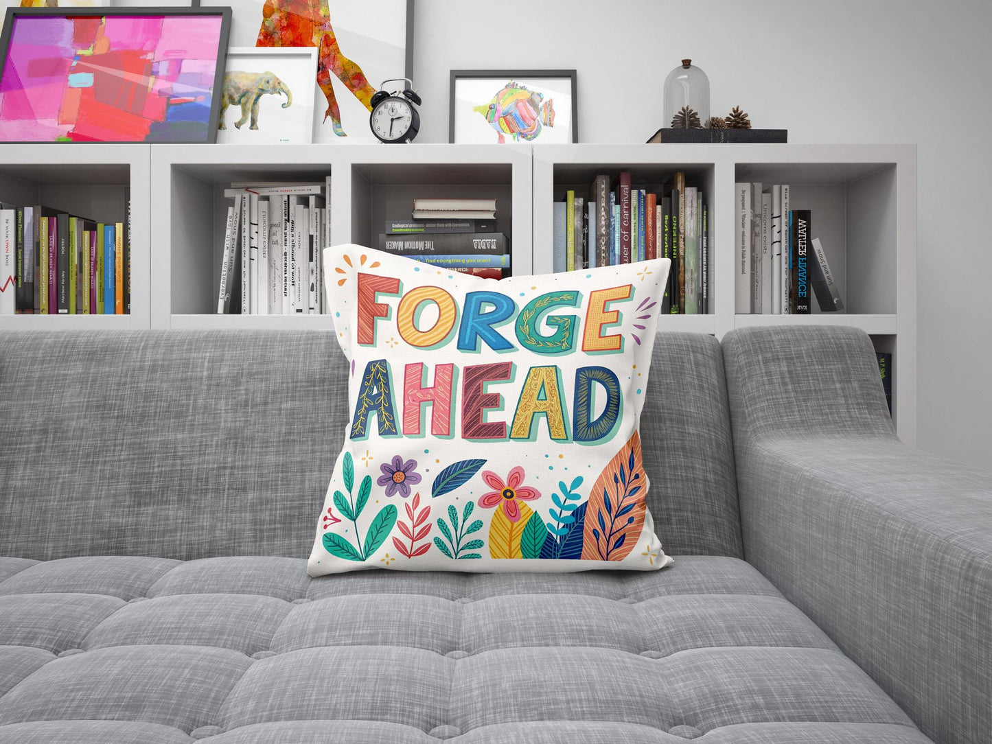 Forge Ahead Motivational Pillow | Colorful Typography Boho Home Decor | Inspirational Gift