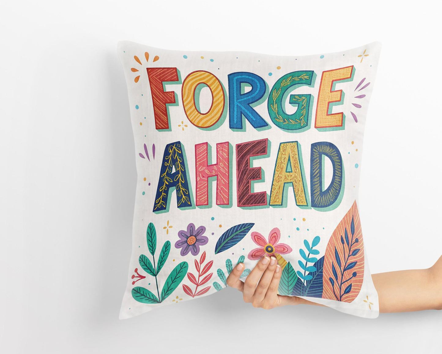 Forge Ahead Motivational Pillow | Colorful Typography Boho Home Decor | Inspirational Gift