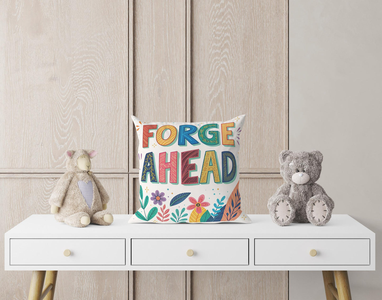 Forge Ahead Motivational Pillow | Colorful Typography Boho Home Decor | Inspirational Gift