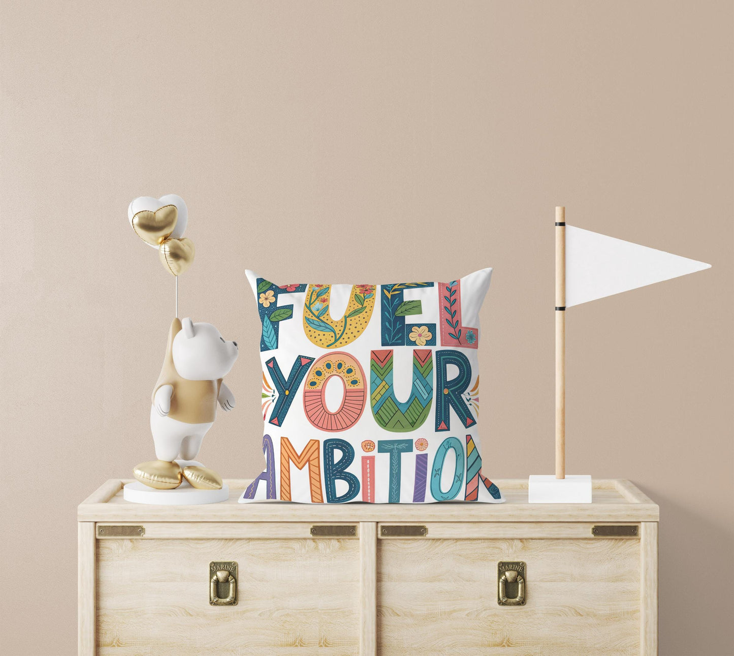 Artistic &#39;Fuel Your Ambition&#39; Cushion | Boho Chic Typography Pillow | Motivational Home Decor