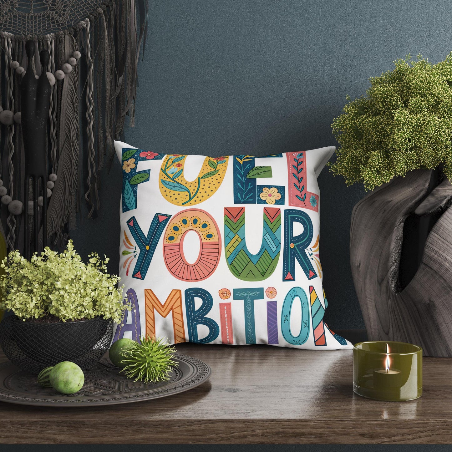 Artistic &#39;Fuel Your Ambition&#39; Cushion | Boho Chic Typography Pillow | Motivational Home Decor