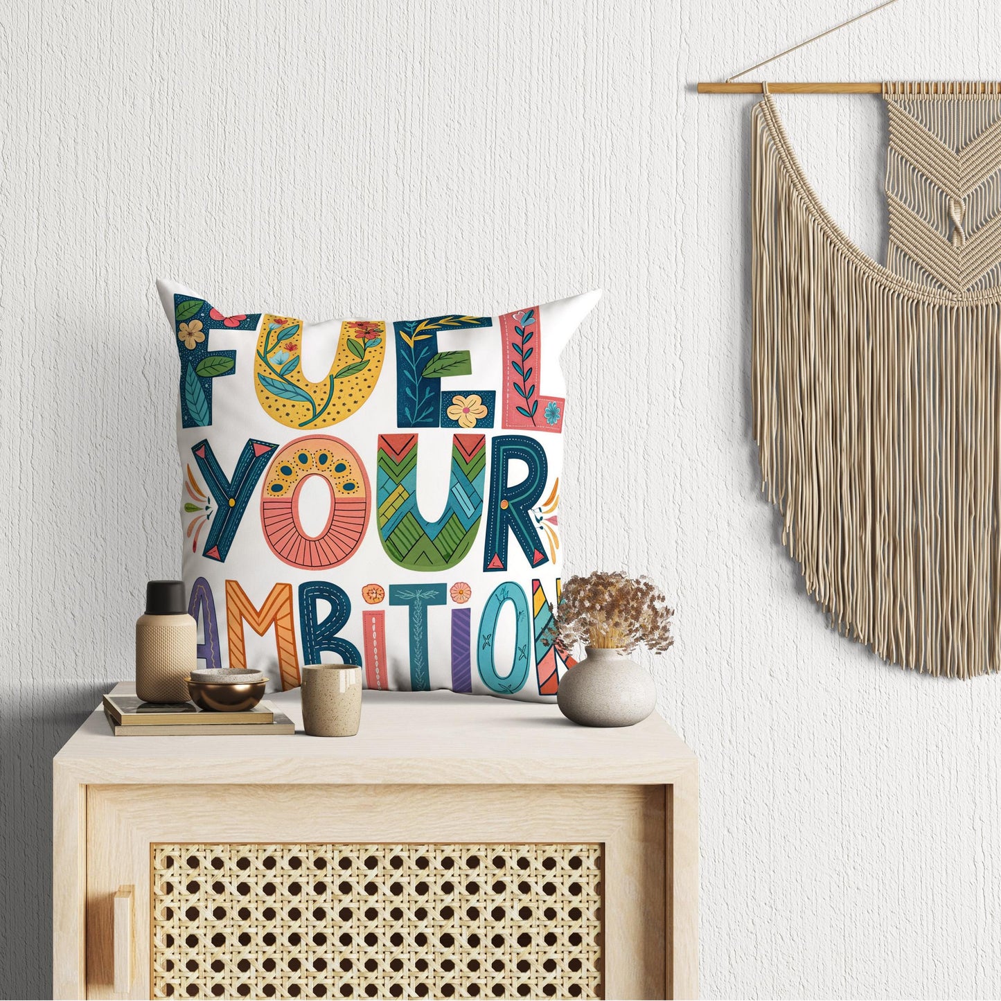 Artistic &#39;Fuel Your Ambition&#39; Cushion | Boho Chic Typography Pillow | Motivational Home Decor