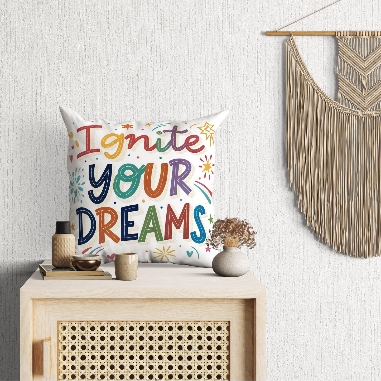 Ignite Your Dreams Inspirational Pillow | Colorful Typography Whimsical Home Decor | Motivational Gift