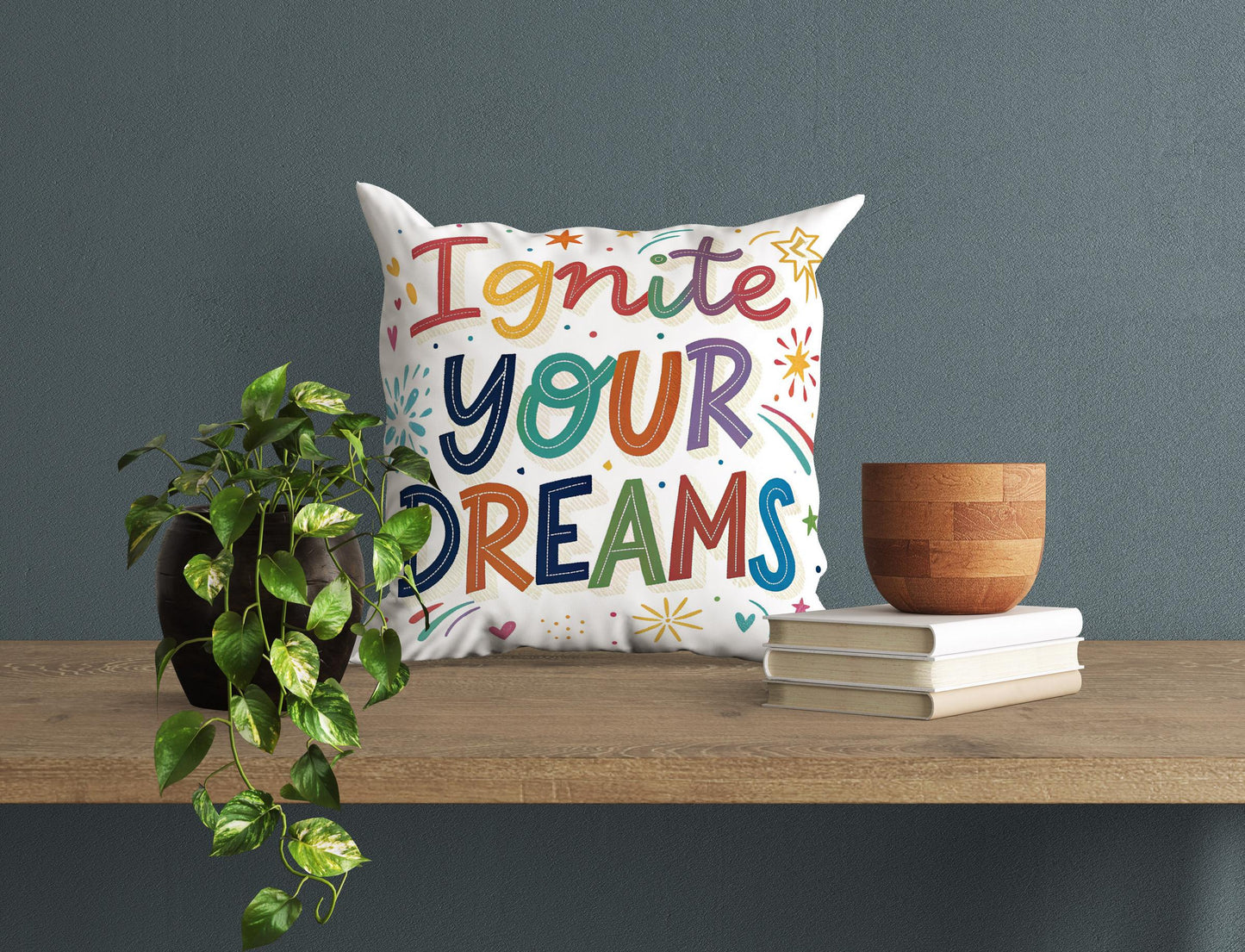 Ignite Your Dreams Inspirational Pillow | Colorful Typography Whimsical Home Decor | Motivational Gift