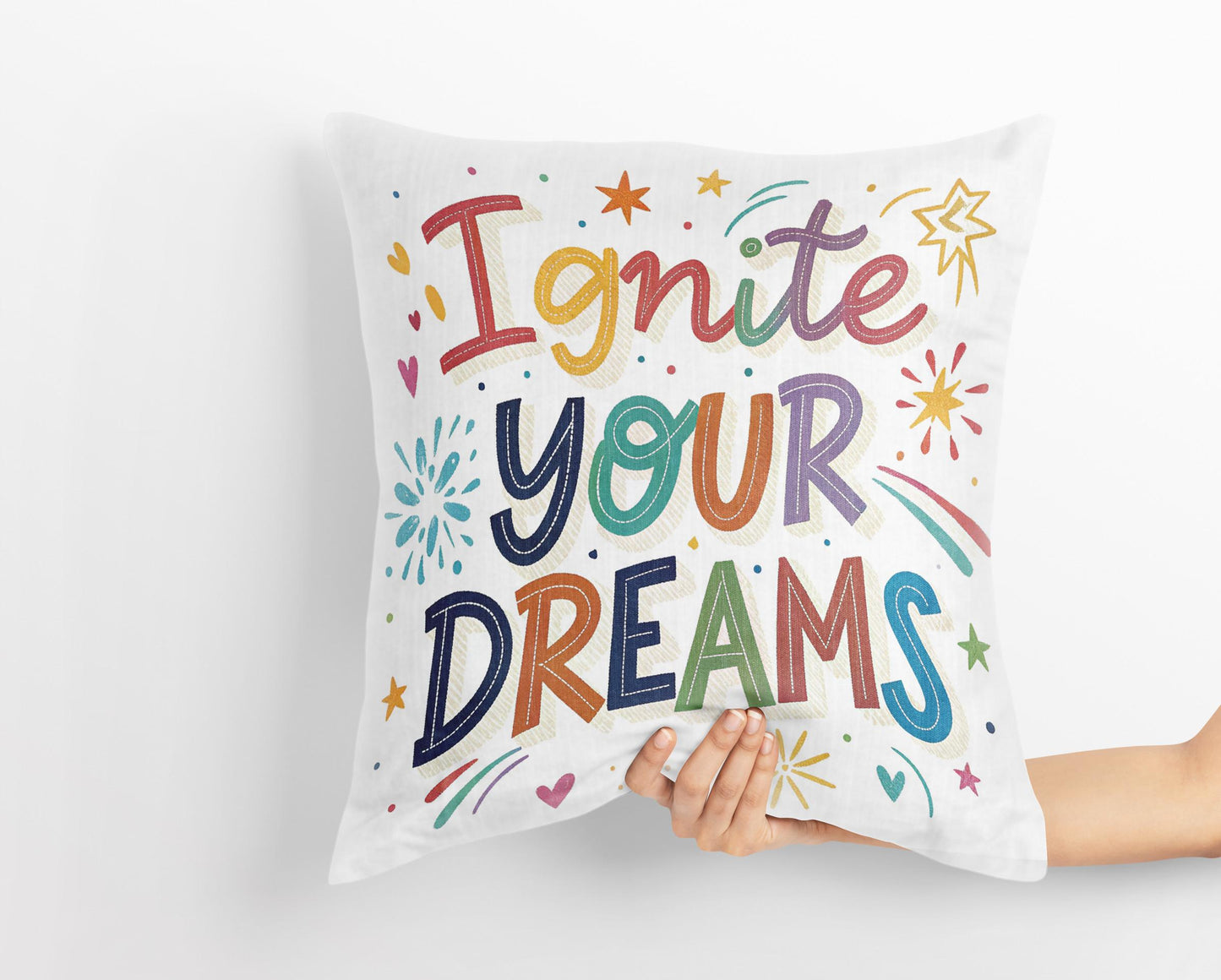 Ignite Your Dreams Inspirational Pillow | Colorful Typography Whimsical Home Decor | Motivational Gift