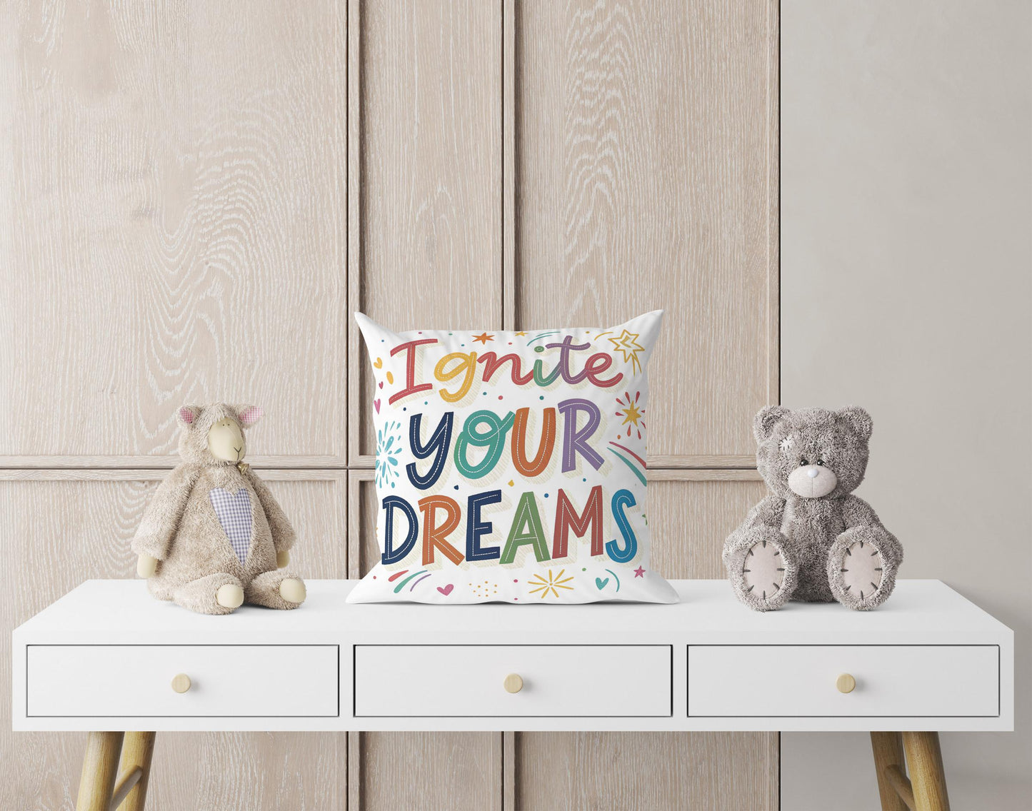 Ignite Your Dreams Inspirational Pillow | Colorful Typography Whimsical Home Decor | Motivational Gift