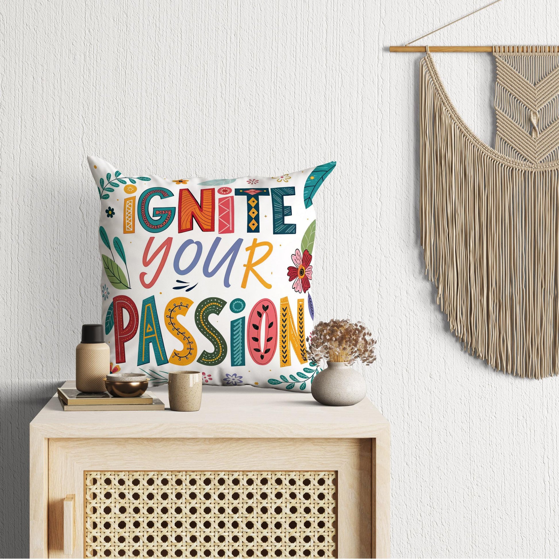 Hand Lettered &#39;Ignite Your Passion&#39; Decorative Pillow | Nature Inspired Art | Unique Home Accent