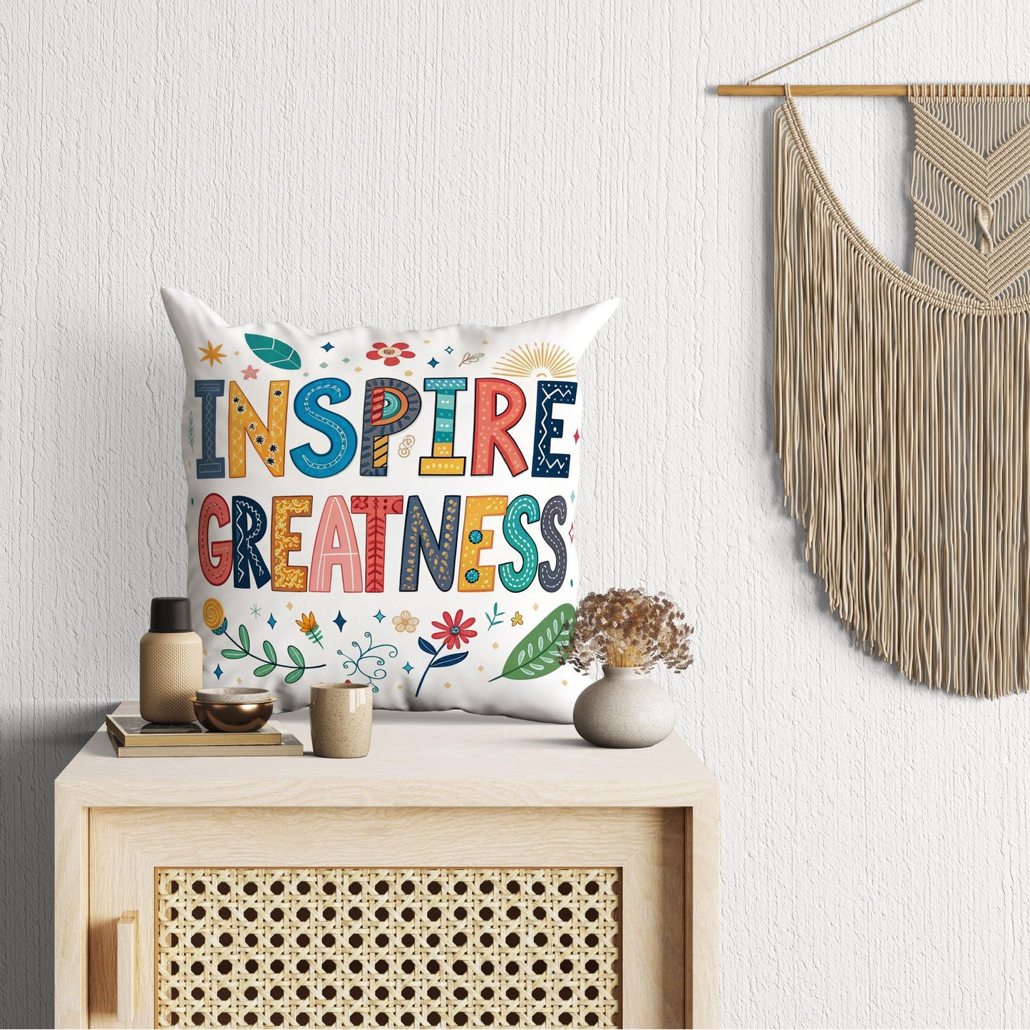 Inspire Greatness Motivational Pillow | Colorful Typography Boho Home Decor | Inspirational Gift